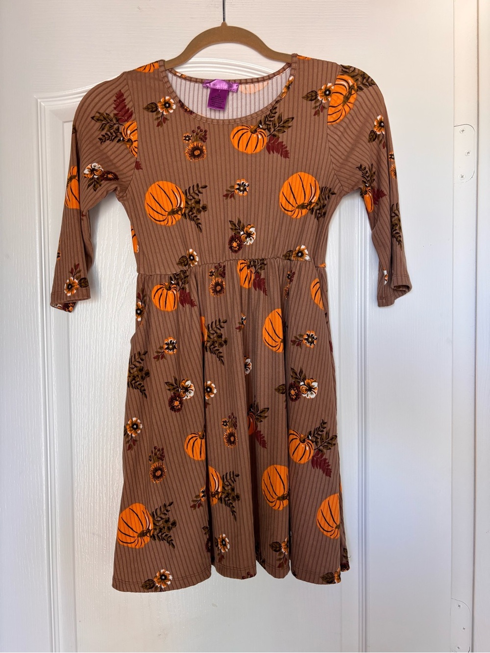 Emma & Elsa Girls Pumpkin Flowers Fall Dress Size 12 Tan Autumn Long Sleeve